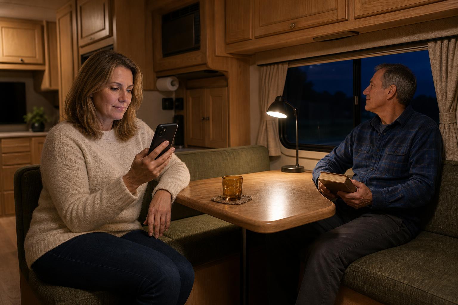 RV owner uses a phone for access management while relaxing safely inside her travel trailer.