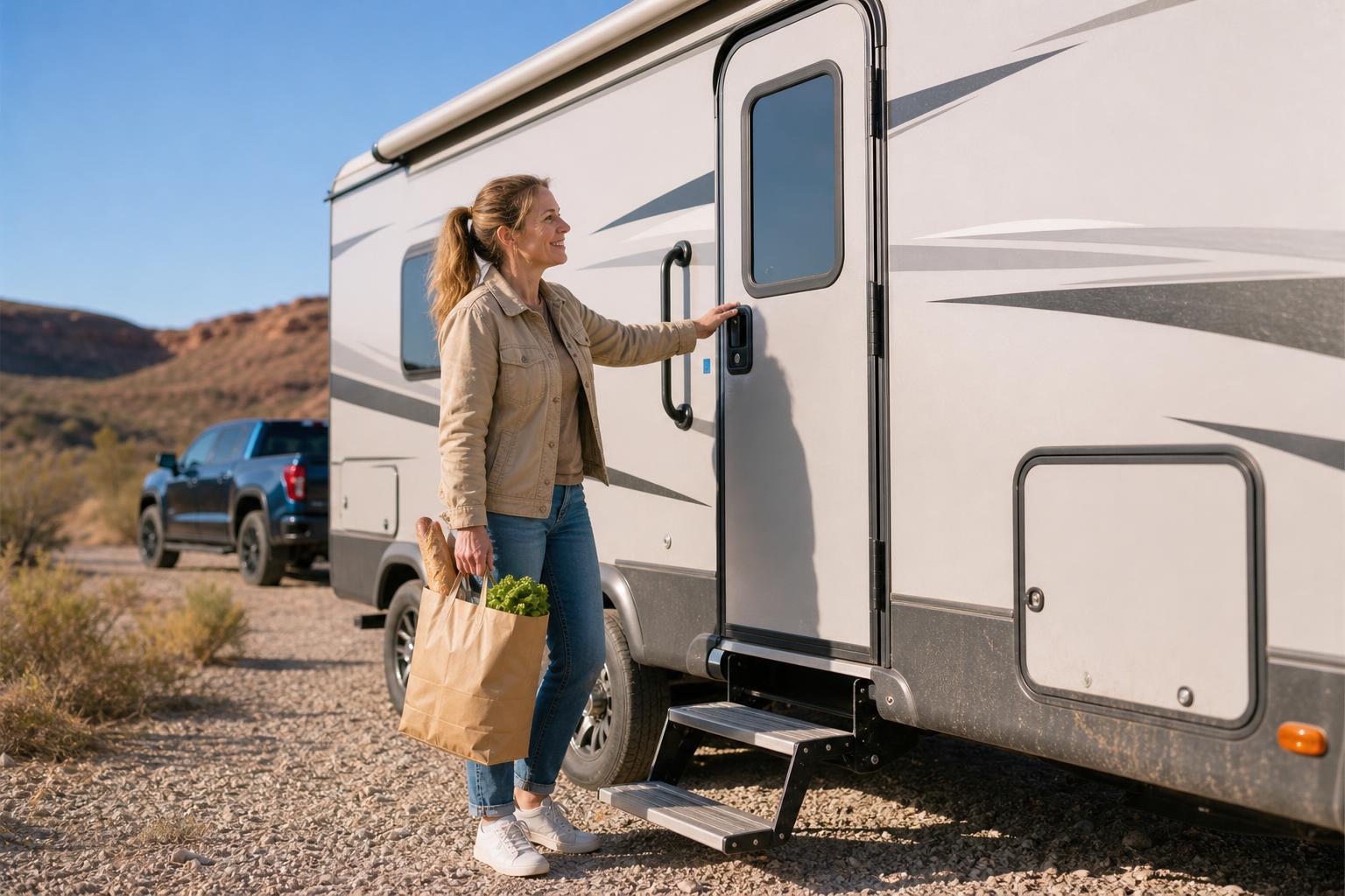 RV owner carrying groceries uses a push-down handle for easy daily entry during a six-month smart lock review.