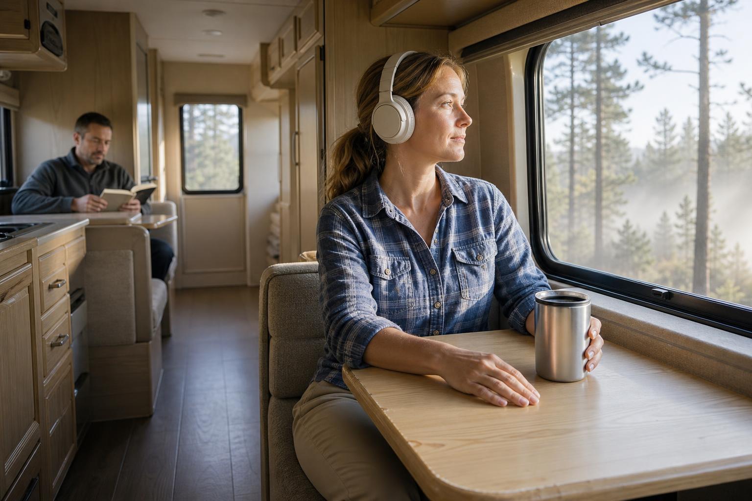 RV interior privacy moment with a traveler wearing headphones at a window table while her partner quietly reads nearby.