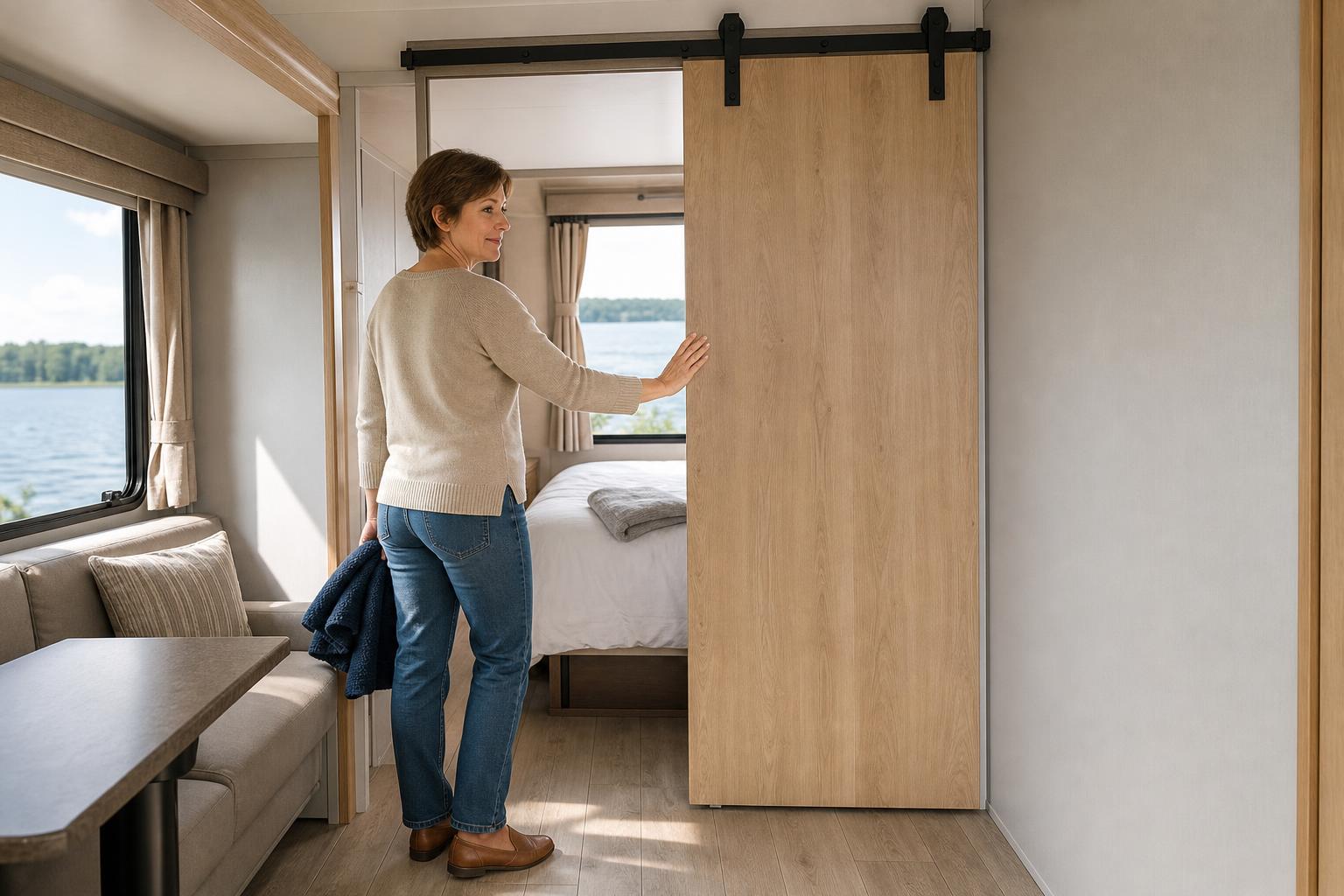 Lightweight sliding barn door in a fifth-wheel RV creating a private bedroom area without blocking the hallway.
