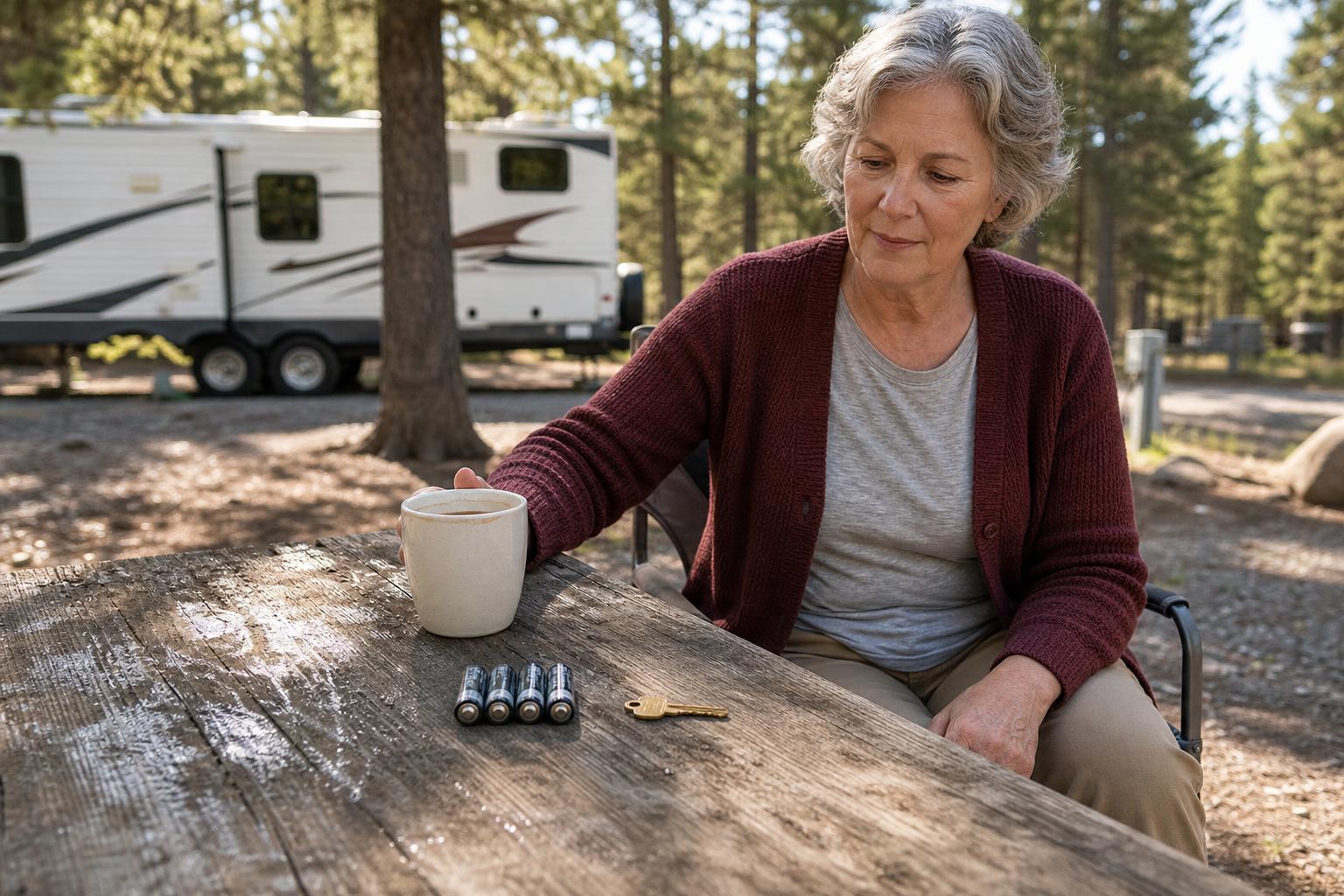Four AA batteries and a mechanical backup key on a campground table for long-term RV smart lock battery planning.