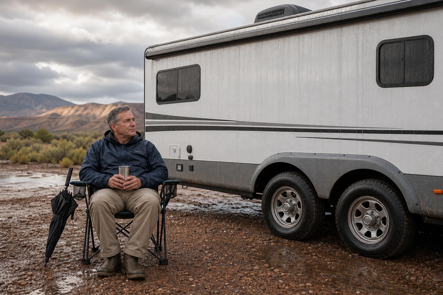 Rain-speckled travel trailer at a gravel campground after a shower, illustrating the real outdoor conditions that affect smart RV lock reliability.