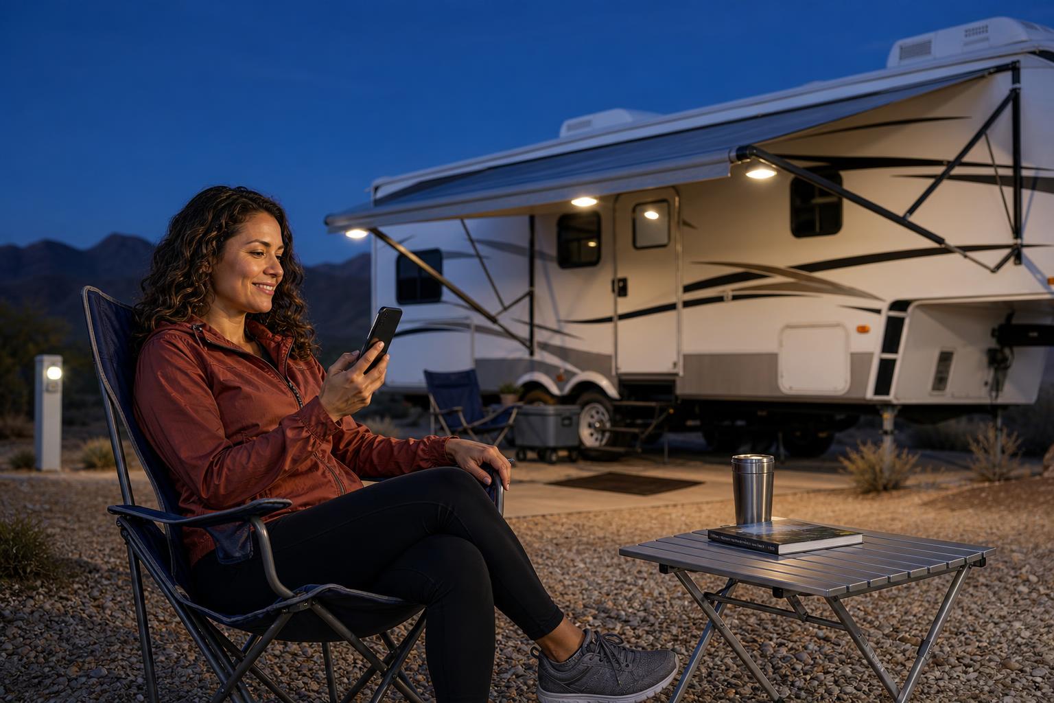 Tech-focused RV owner using a smartphone outside her connected travel trailer at dusk.