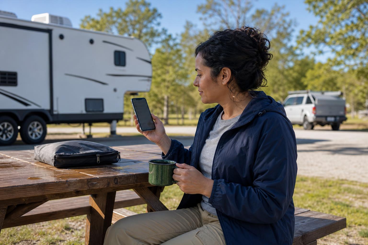 RV owner using her phone at a campground picnic table to manage temporary access for scheduled trailer maintenance.