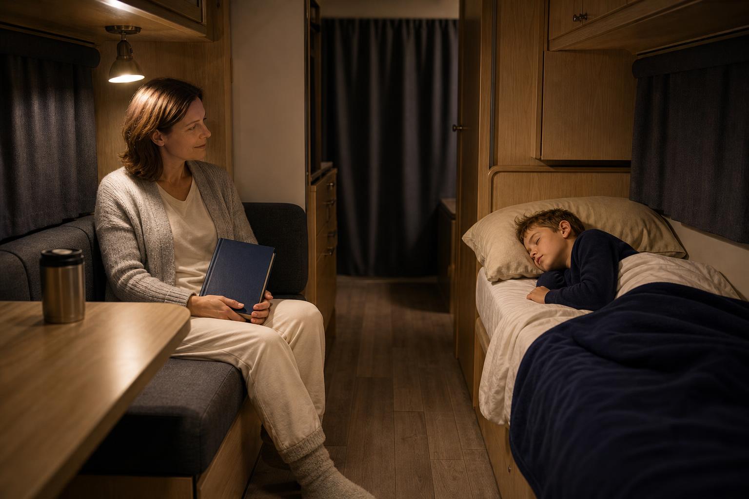Family relaxing inside a travel trailer at night, representing peace of mind from stronger RV security choices.
