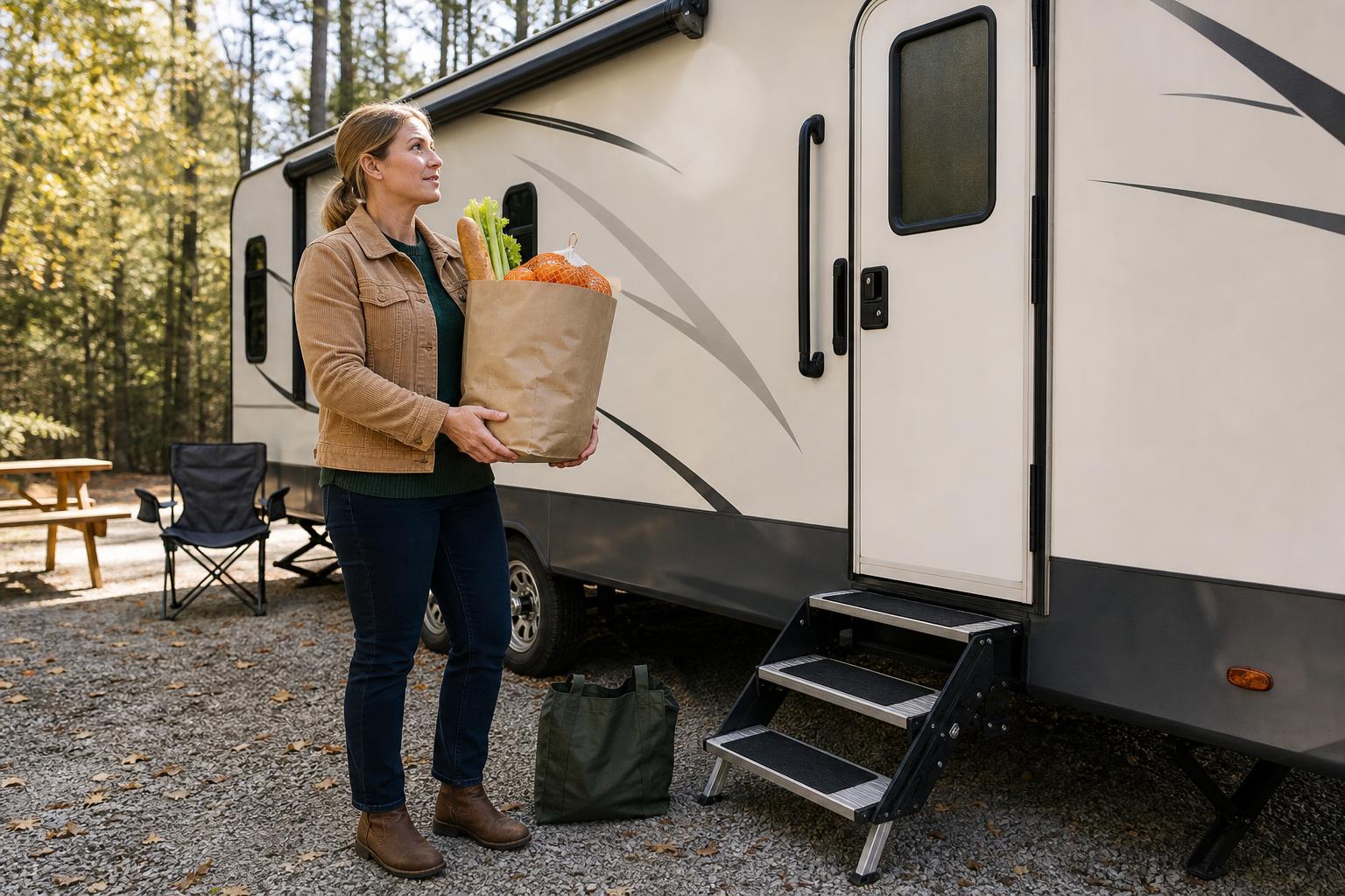 RV owner carrying groceries beside her travel trailer, illustrating ergonomic entry considerations among RVLock alternatives.