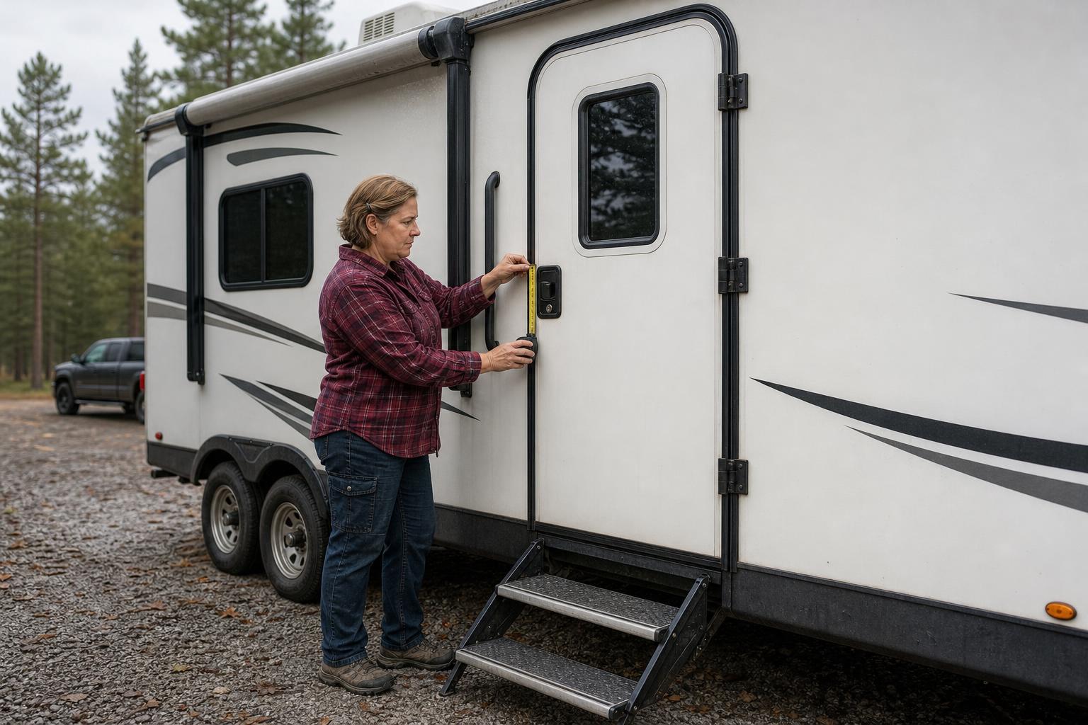 RV owner measuring the existing lock panel on a right-hinged travel trailer door during a pre-purchase compatibility check.