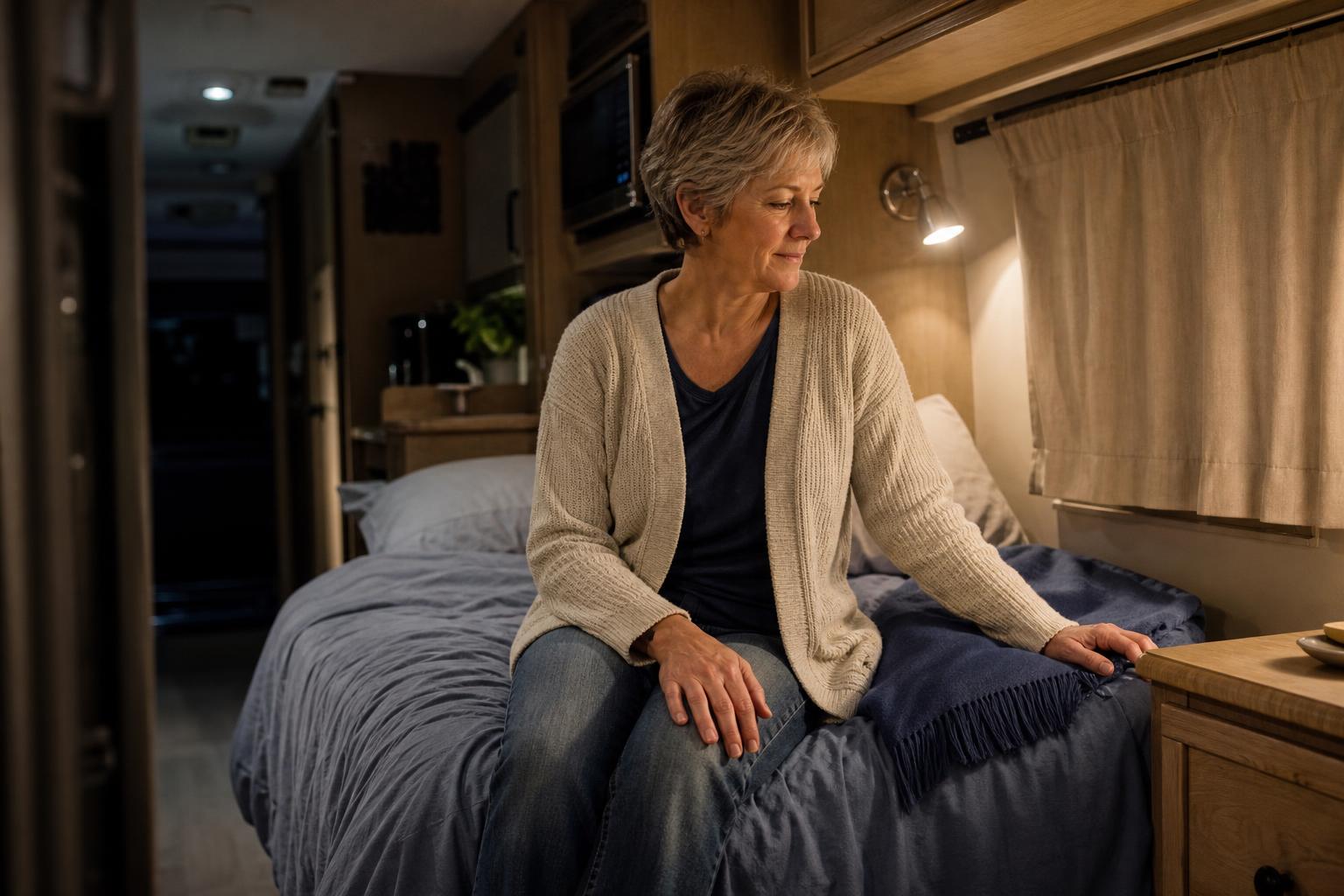 Solo woman resting peacefully inside her travel trailer at night, representing the added peace of mind of internal RV security.