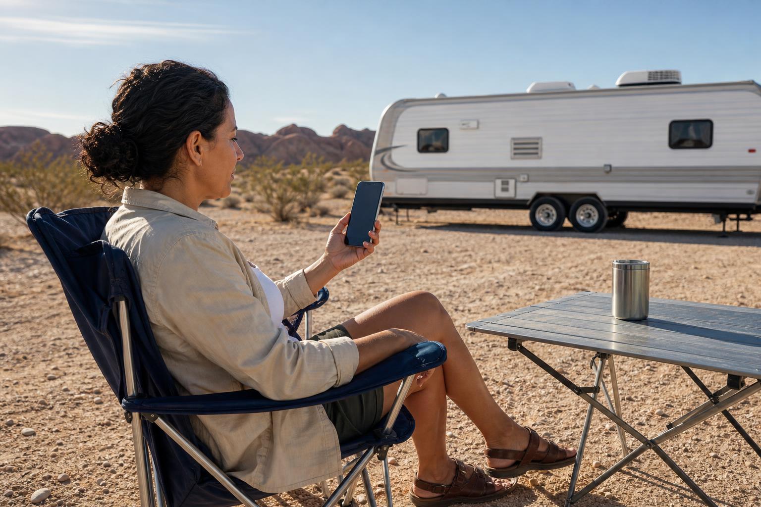 RV owner using her phone at a desert campsite, illustrating flexible guest and repair-tech access management in the SAWHERO vs RVLock discussion.