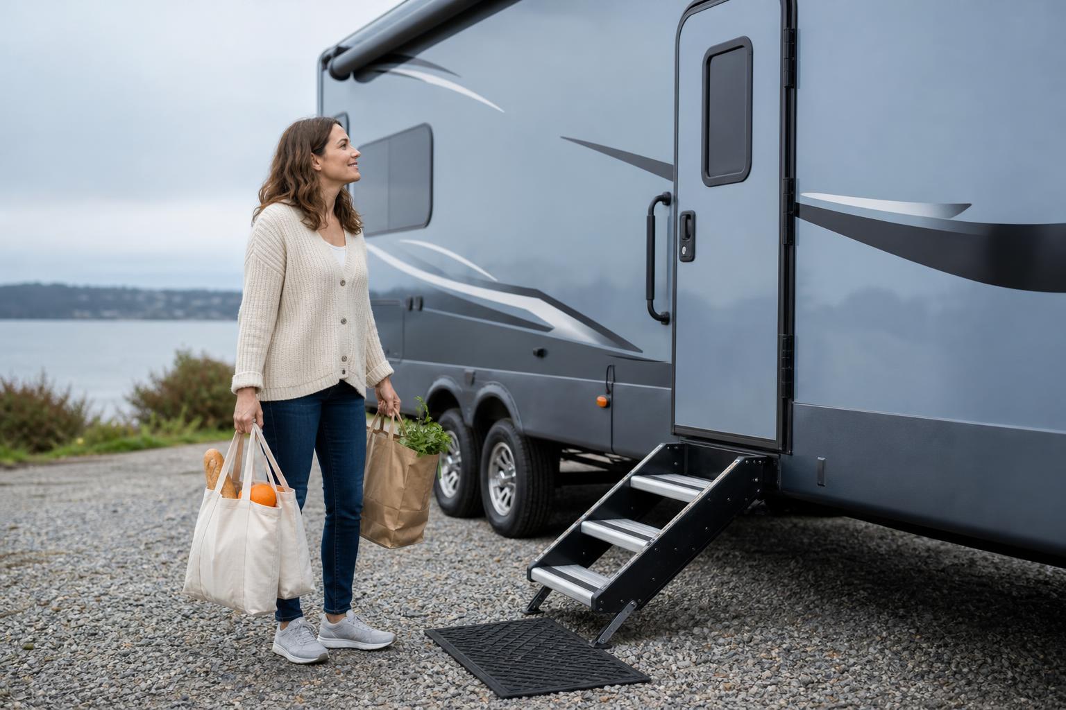 Hands-full RV owner arriving at a travel trailer, illustrating the everyday ergonomics considered in a SAWHERO R8 vs RVLock comparison.