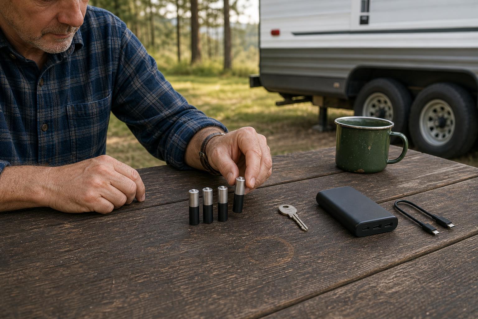 Four AA batteries, a backup mechanical key, and a power bank on an RV campsite table for the battery backup section of a SAWHERO vs RVLock guide.