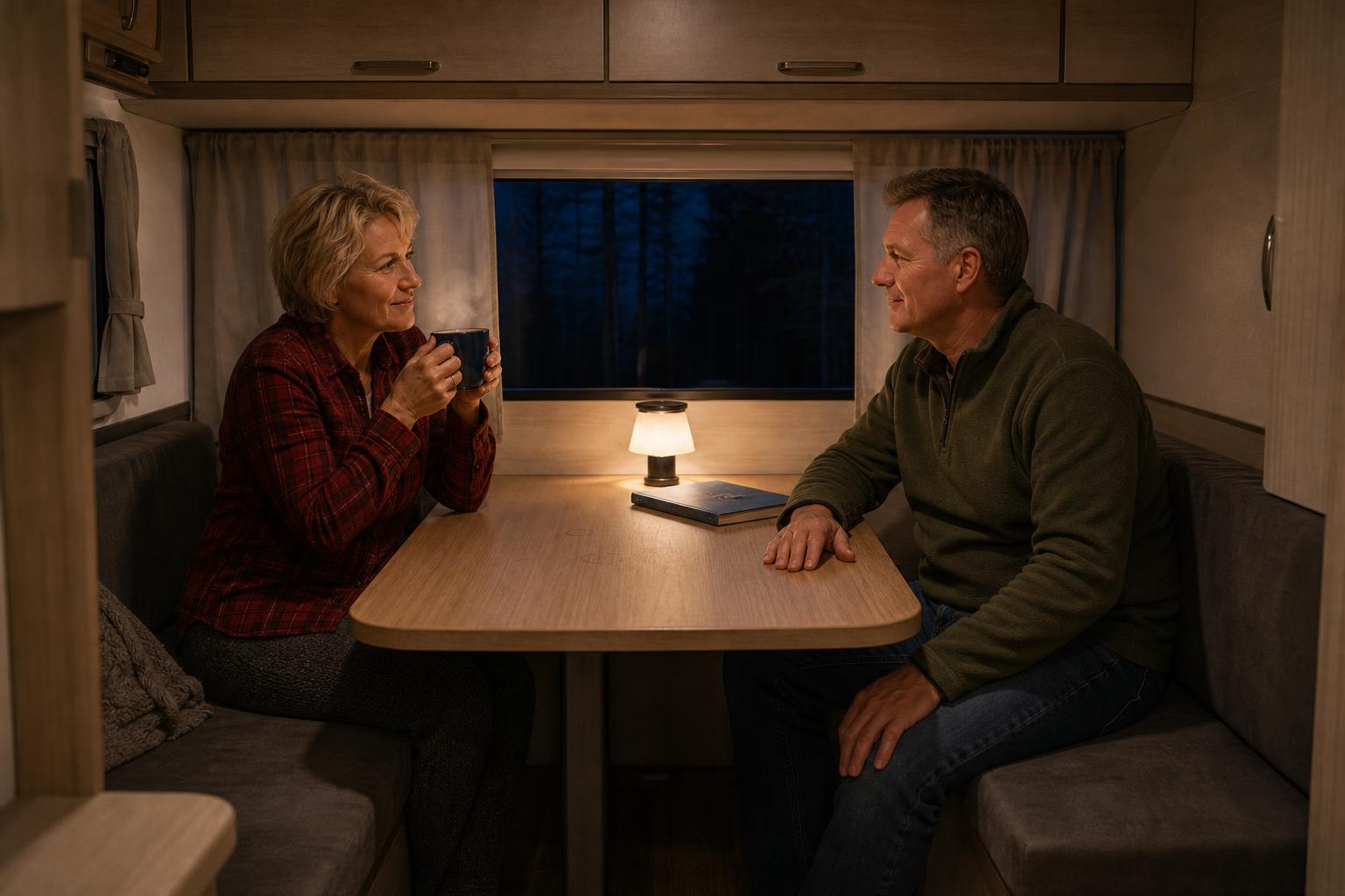 Relaxed couple inside their towable RV at night, representing the peace of mind discussed in the SAWHERO R8 internal security comparison.