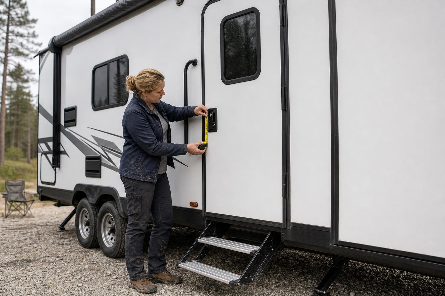RV owner measuring the existing lock faceplate on a right-hinged trailer door before buying a Bluetooth RV lock.