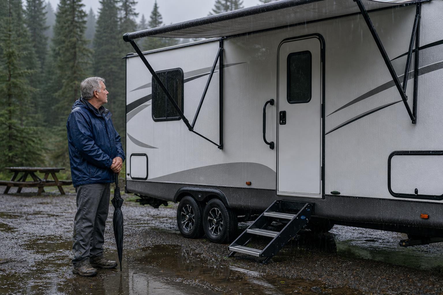 Rain falls on a travel trailer entry door at a forest campsite, illustrating weather resistance for Bluetooth RV locks.