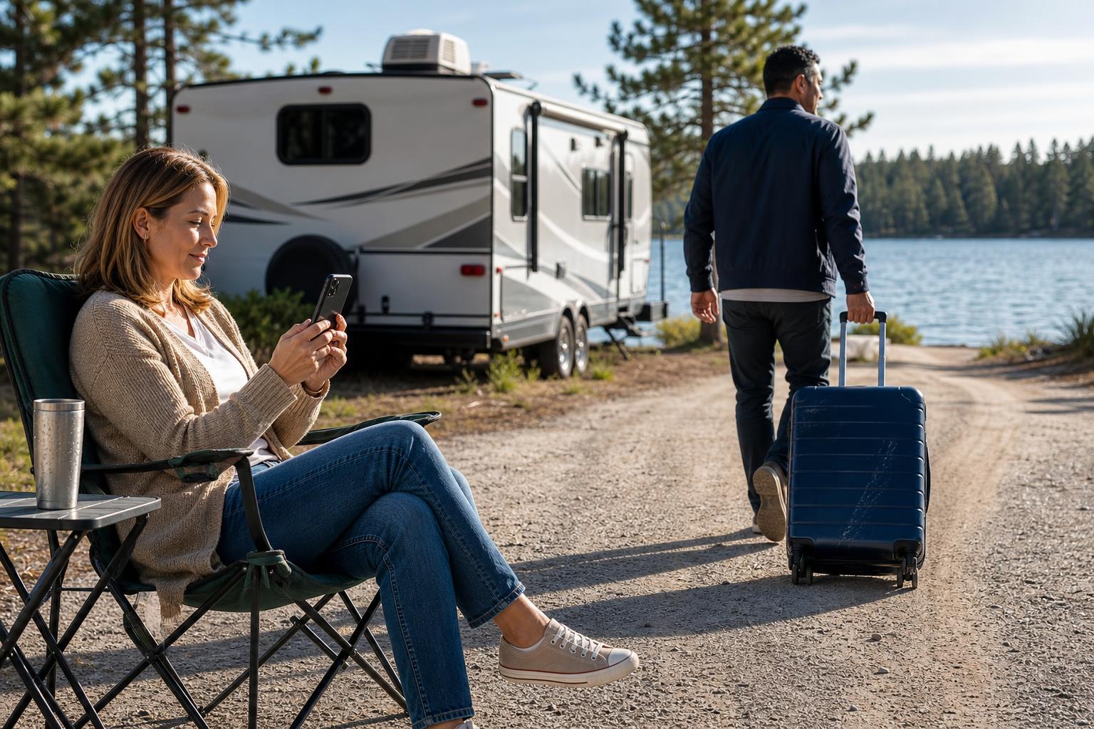 RV owner using her phone while a guest arrives with luggage, representing temporary access for a Jayco RV door lock replacement upgrade.