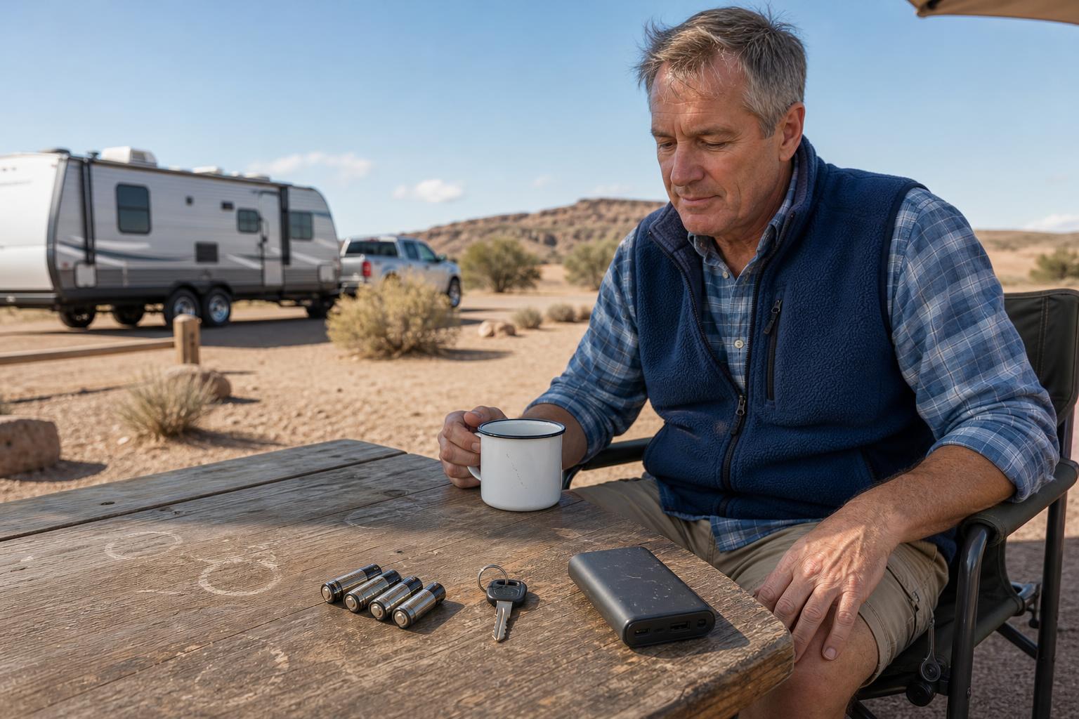 AA batteries, a mechanical key, and a power bank on a campsite table for a Bluetooth RV lock comparison.