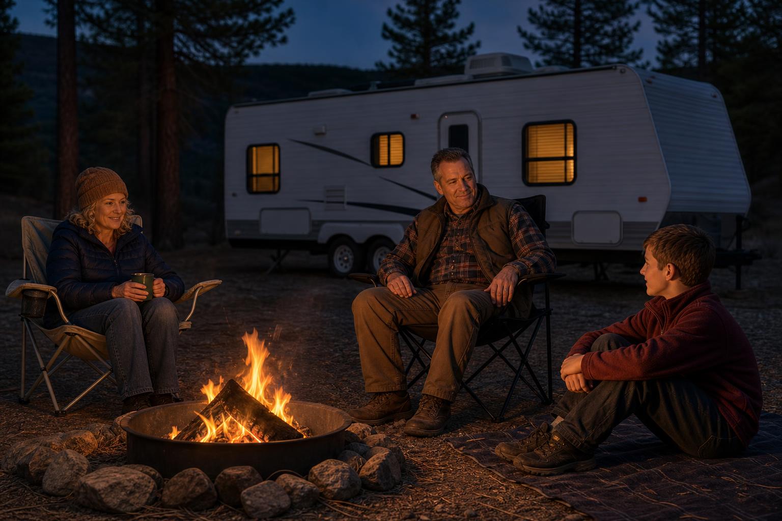 Family relaxing by a campfire beside their travel trailer, showing the peace of mind sought with a Jayco RV door lock replacement.