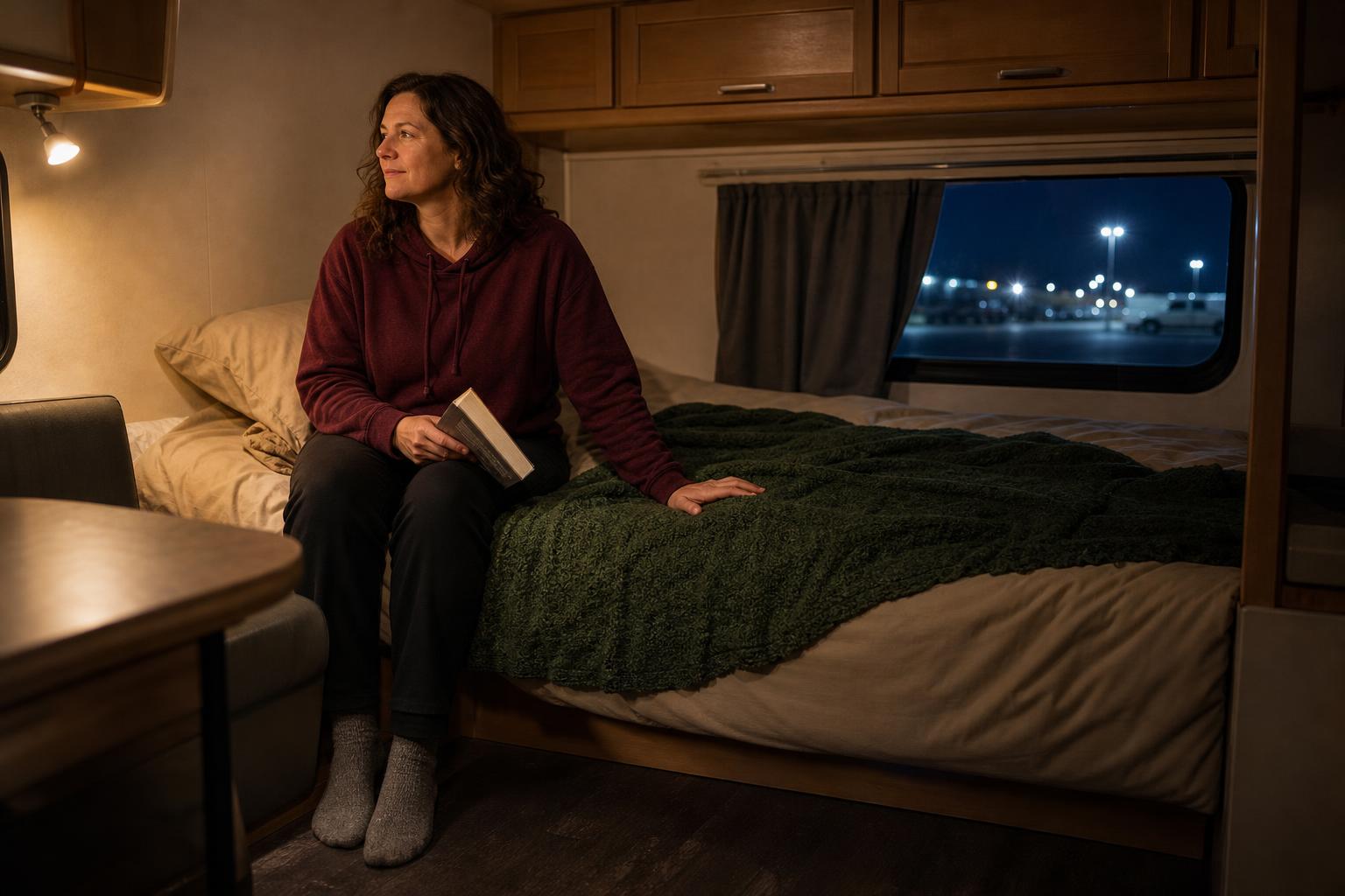 Solo RV traveler relaxing inside a warmly lit trailer during an overnight rest stop.