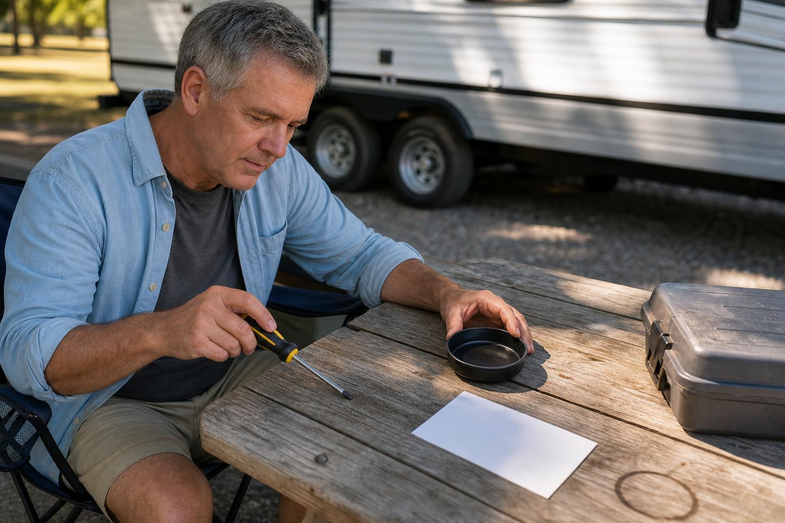 RV owner preparing a Phillips screwdriver and organized tools for a compatible Jayco RV door lock replacement project.