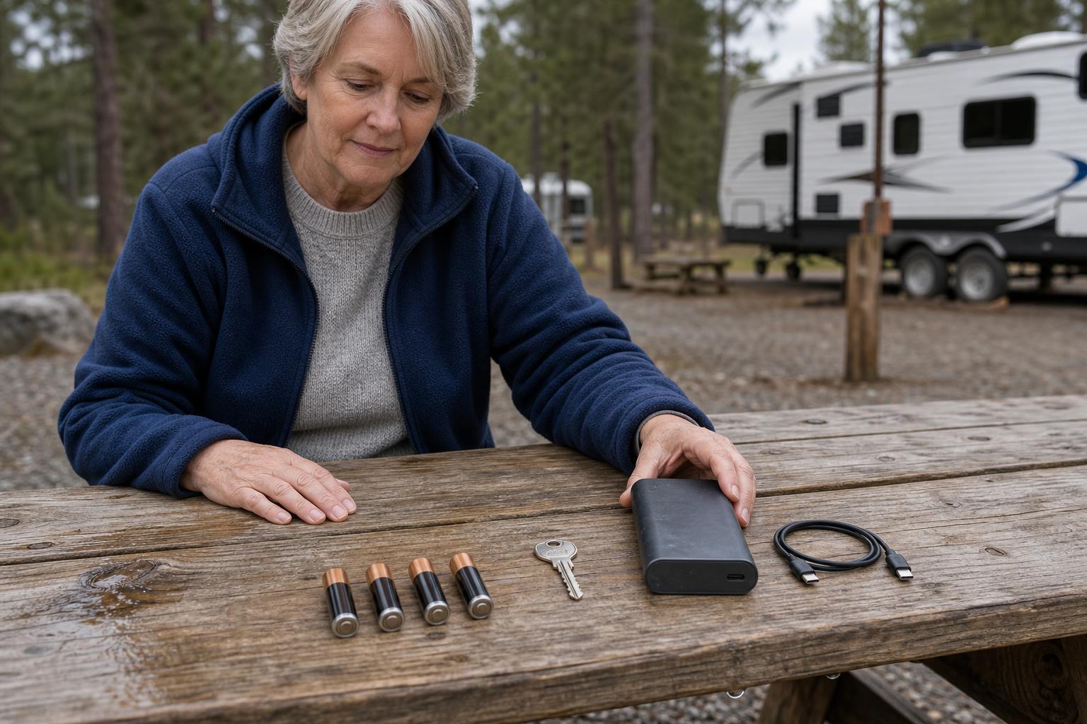 Four AA batteries, a backup key, and a power bank on an RV campsite table for Jayco RV door lock replacement backup access.