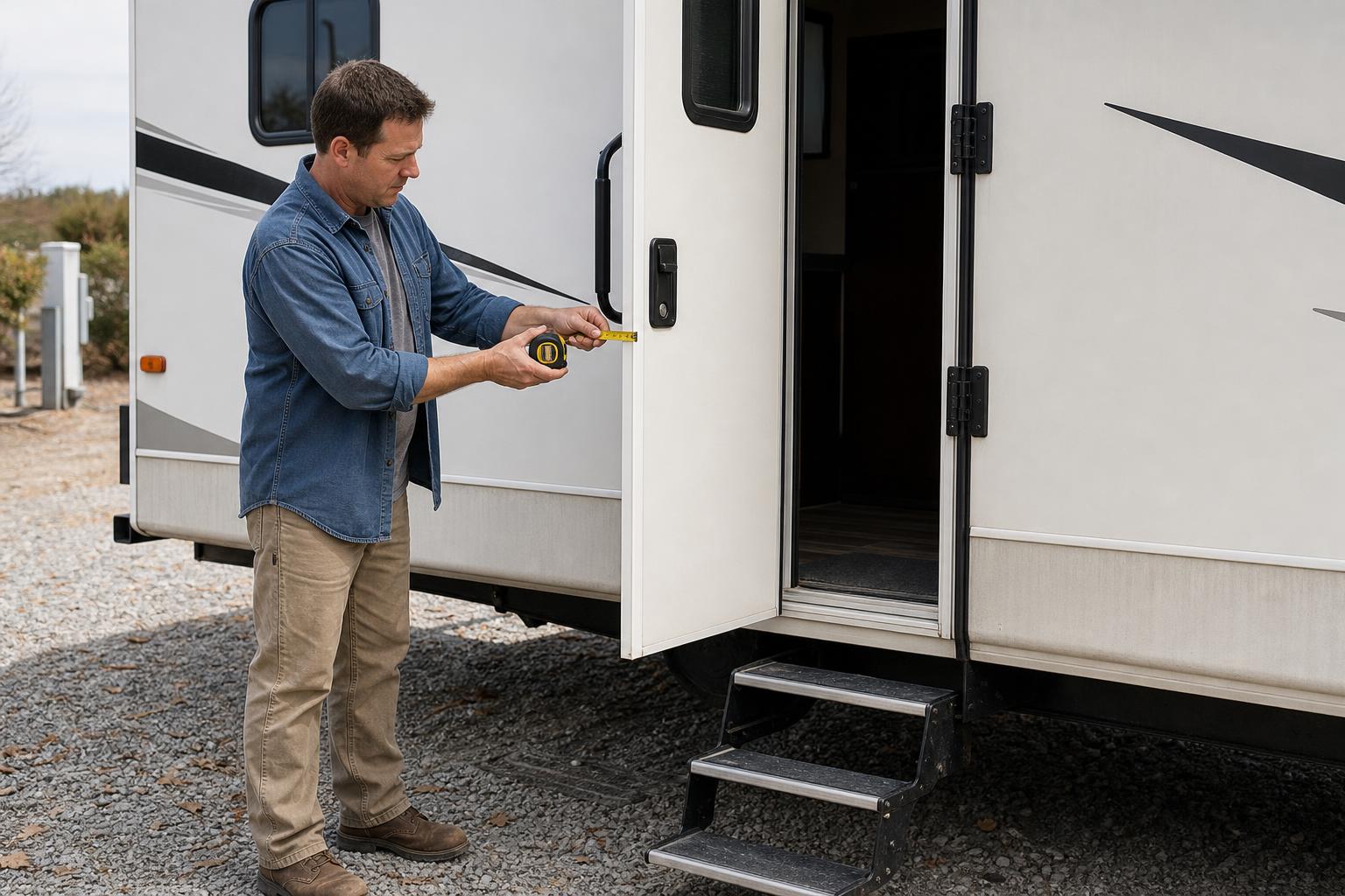 An RV owner measures the thickness of a right-hinged Forest River travel trailer door before a door lock upgrade.