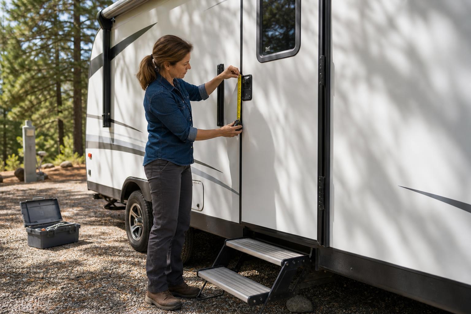An RV owner measuring the installed lock panel on a right-hinged travel trailer door before a Keystone RV lock replacement compatibility check.