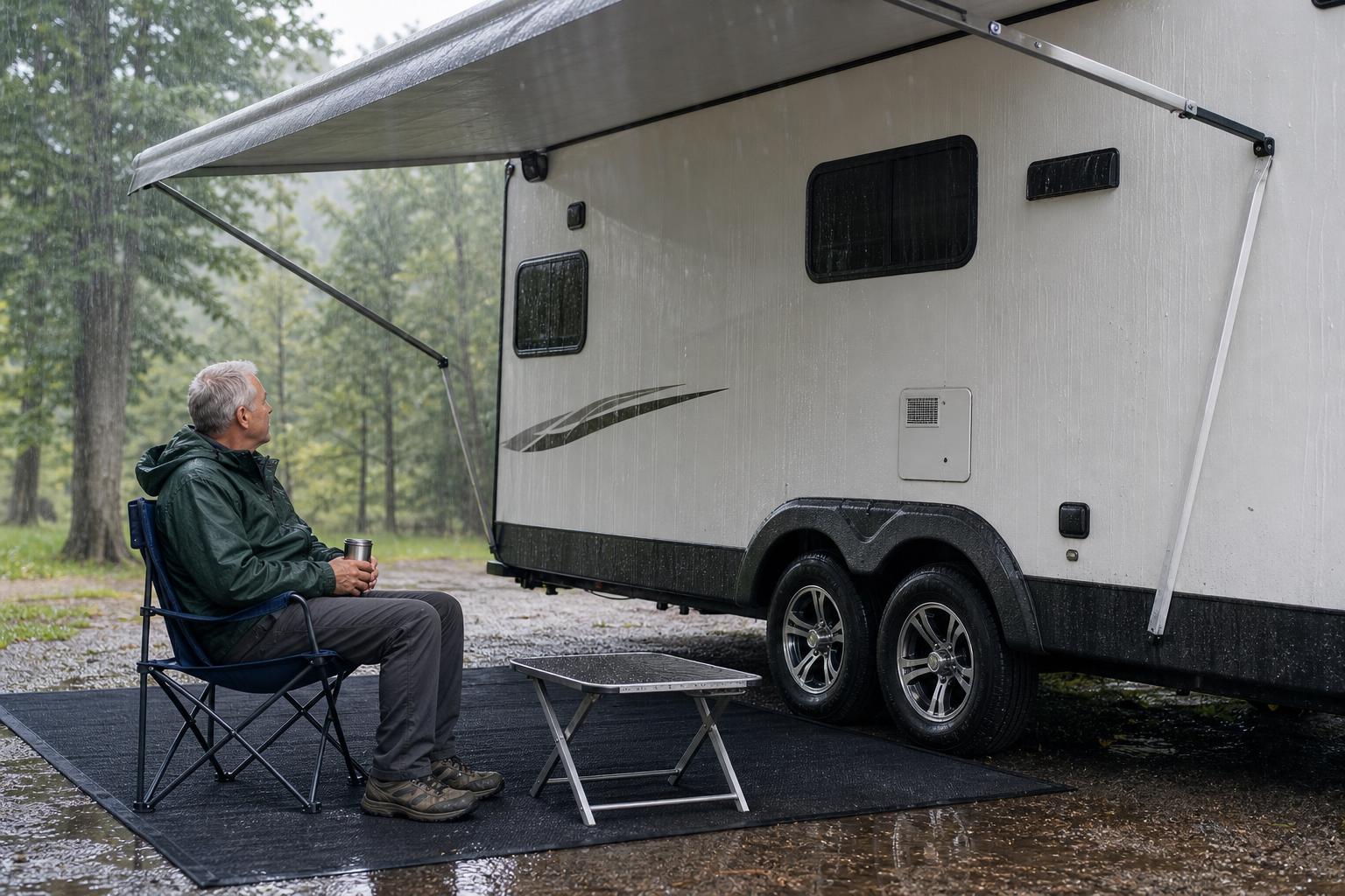 Rain runs down a travel trailer at a forest campsite, illustrating all-season weather conditions for an RV door lock upgrade.