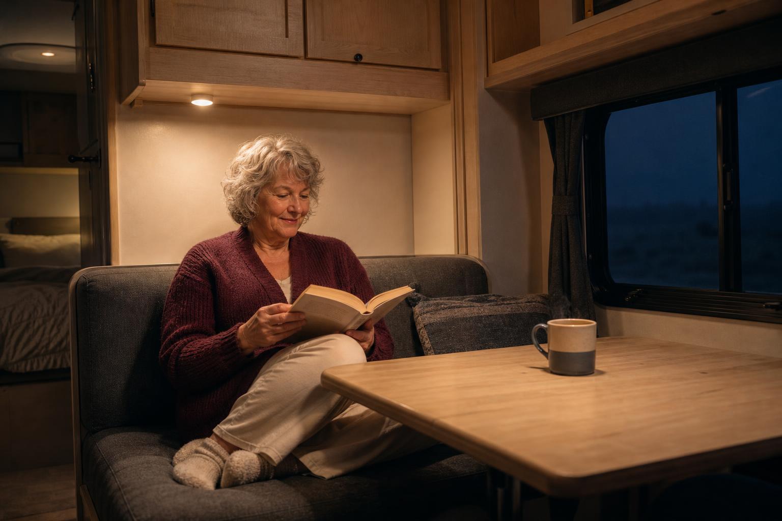 A relaxed RVer reading inside her travel trailer at night, illustrating the peace of mind of added internal RV door security.