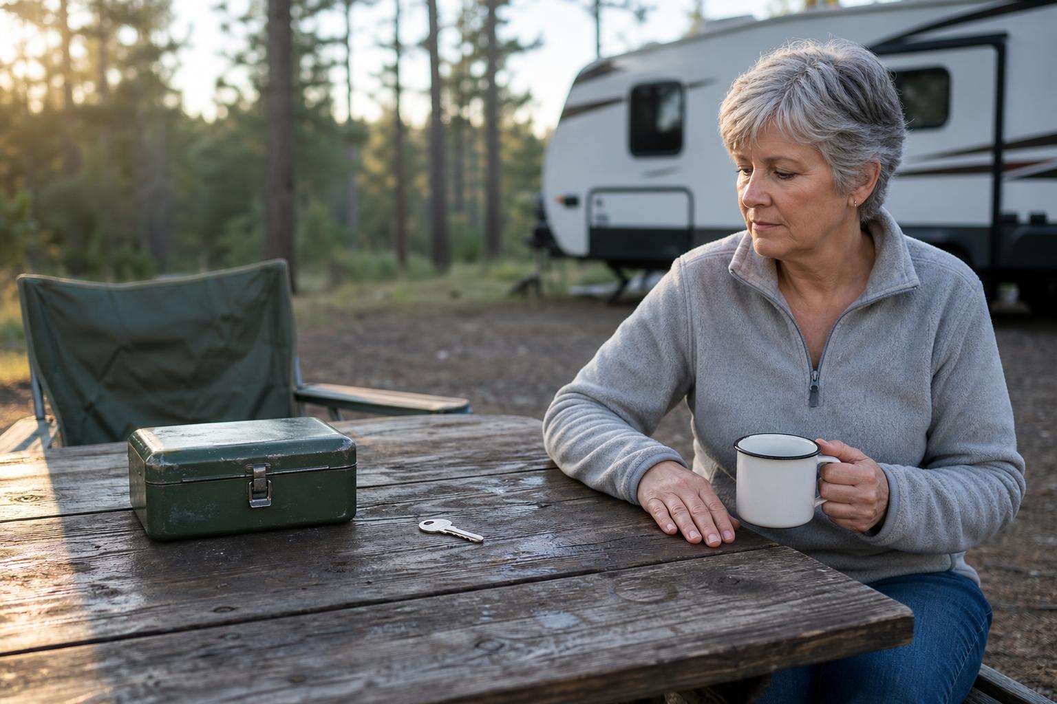 A camper considers a generic RV key beside a secured personal storage box at a forest campsite.