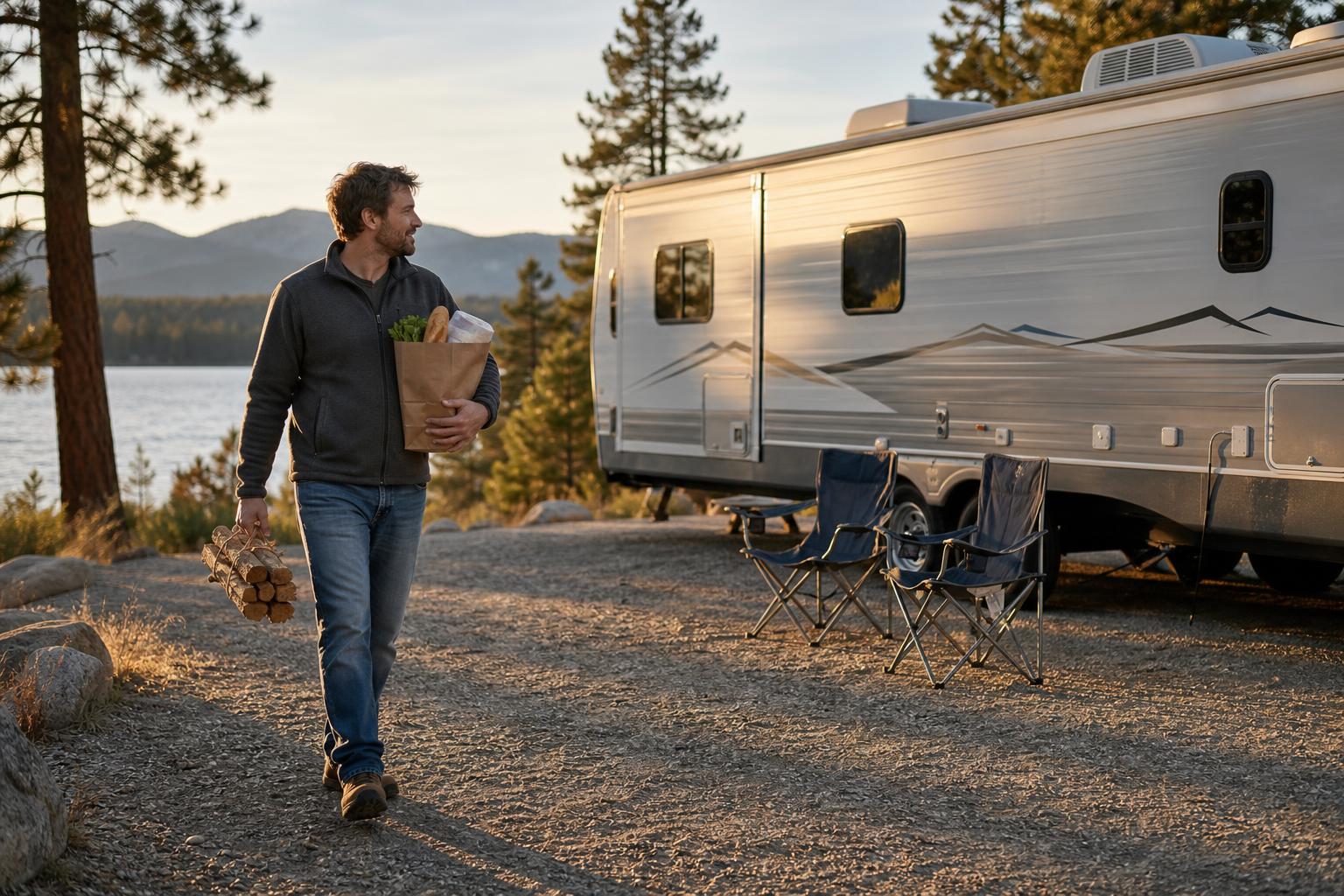 A camper carries groceries and firewood back to a travel trailer, showing the everyday convenience behind an ergonomic RV door lock upgrade.