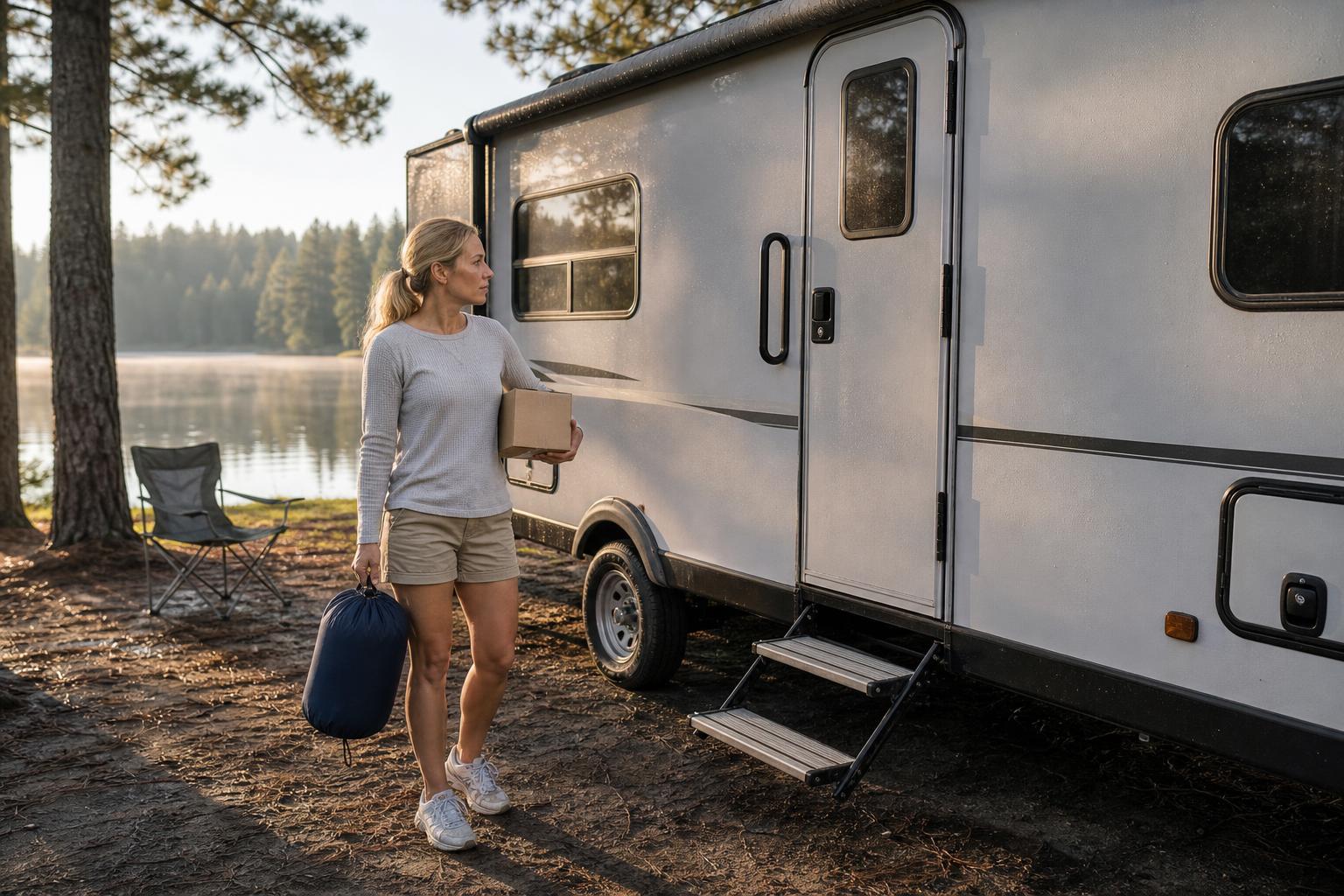 A woman carrying camping supplies beside her travel trailer, showing the everyday convenience behind a keyless Keystone travel trailer door lock upgrade.