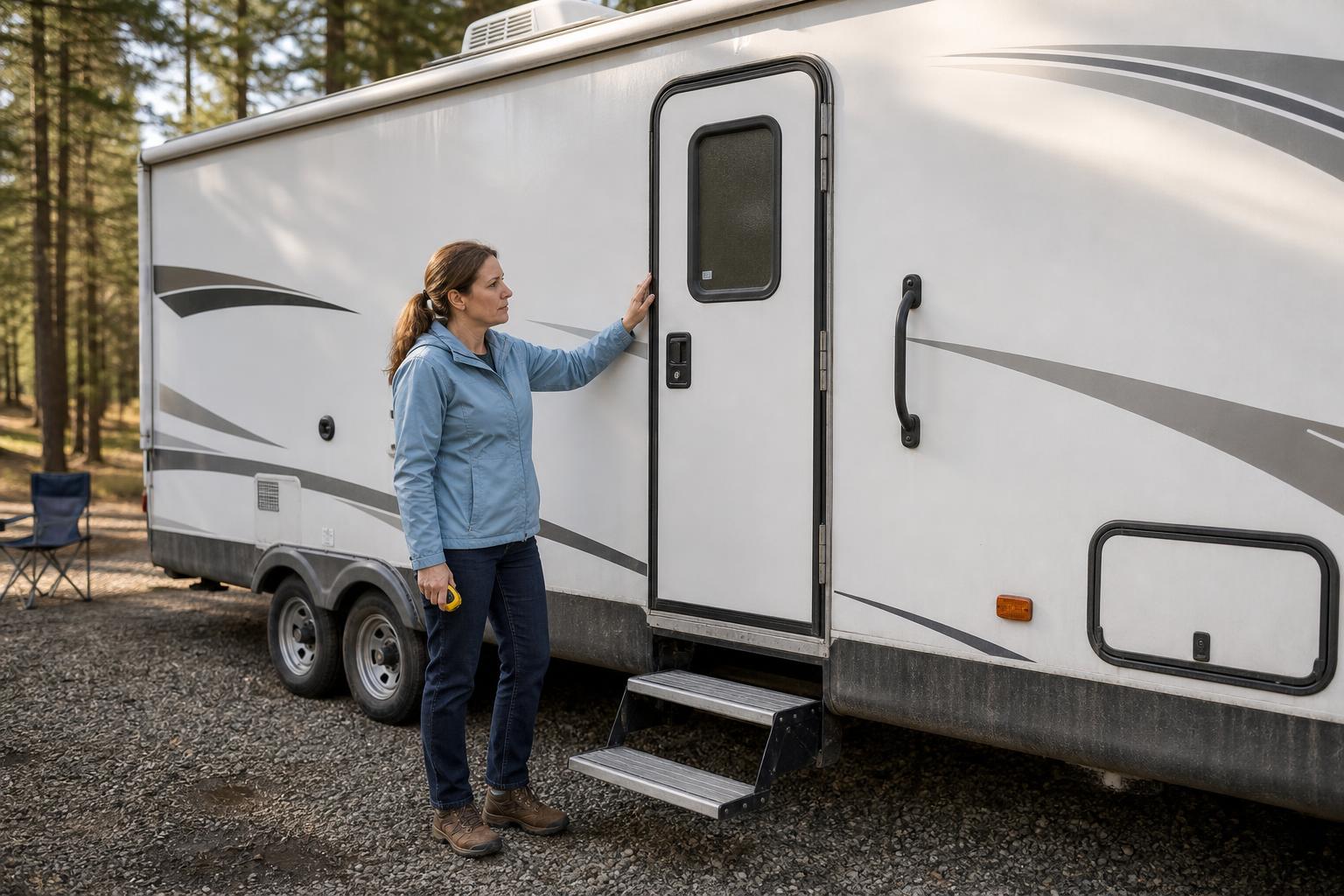 RV owner checking proper travel trailer door alignment, an important factor in SAWHERO R8 battery life performance.