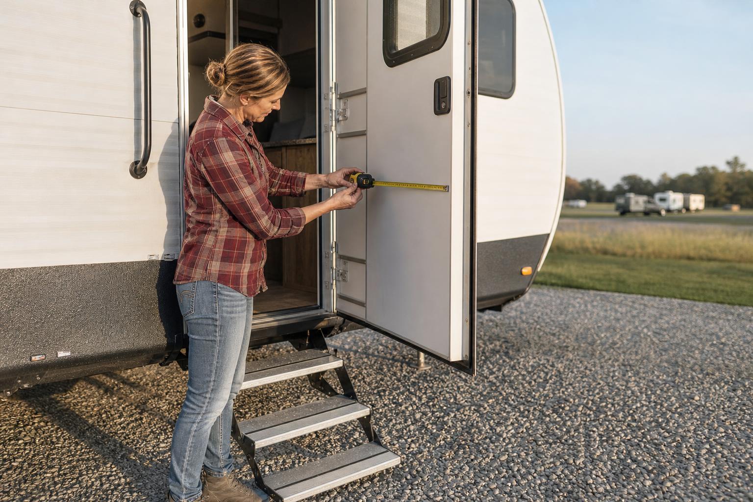 RV owner measures entry-door thickness on a right-hinged fifth wheel before choosing a Grand Design fifth wheel door lock.
