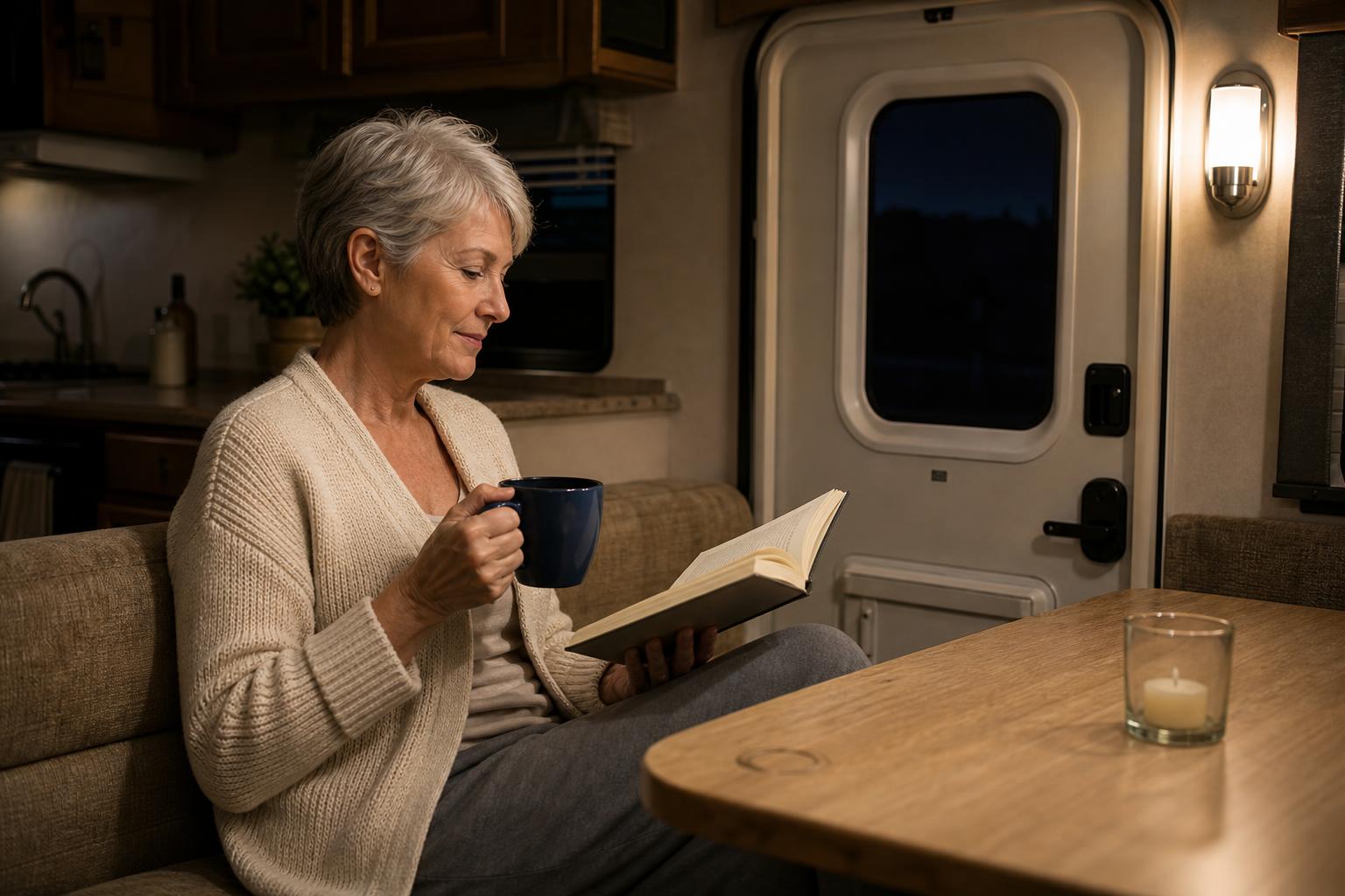 Solo fifth wheel traveler relaxes inside her RV at night, illustrating the peace of mind of internal door-lock control.