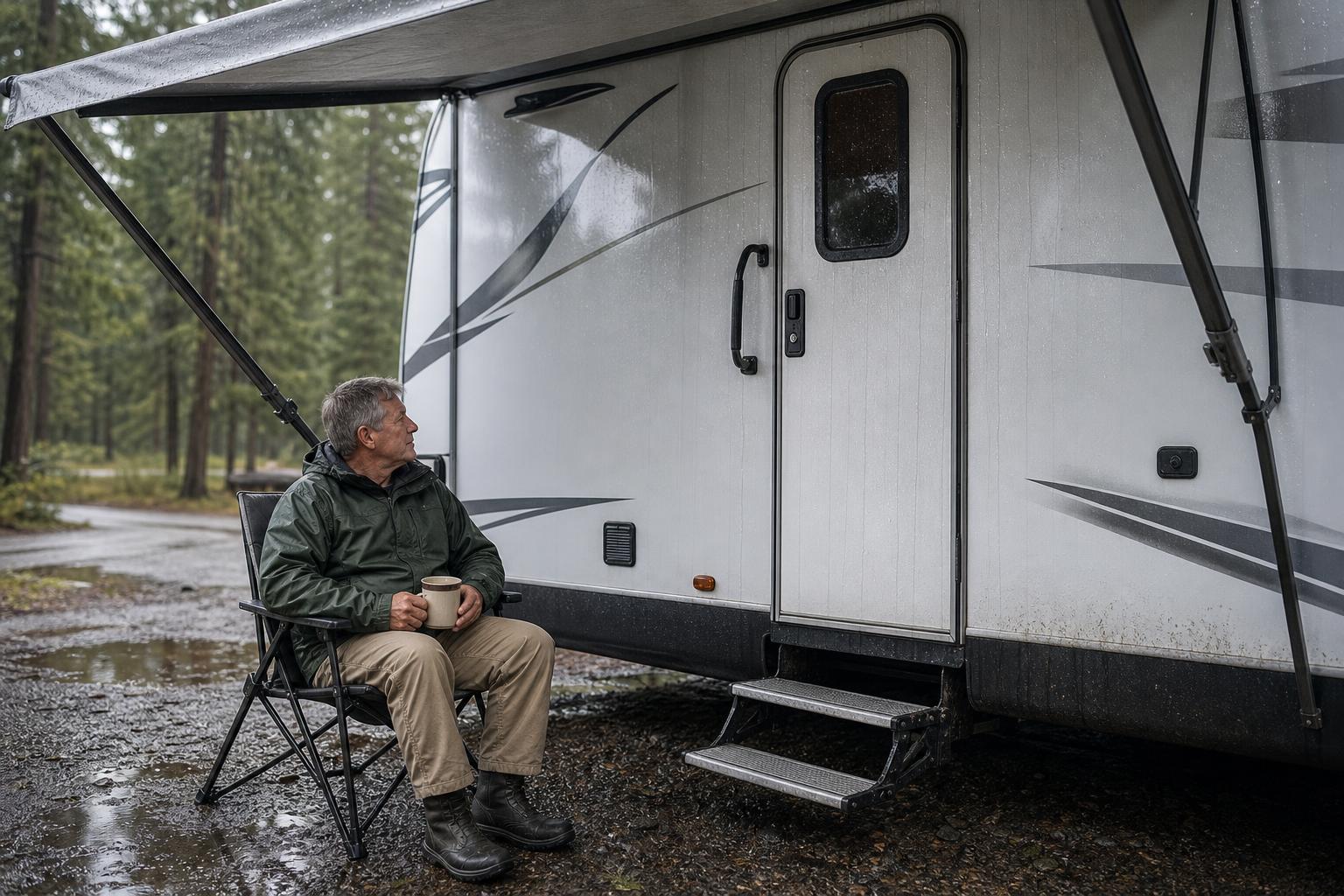 Rain runs down a closed fifth wheel entry door while an RV owner waits under the awning, showing why reliable Grand Design door hardware matters.