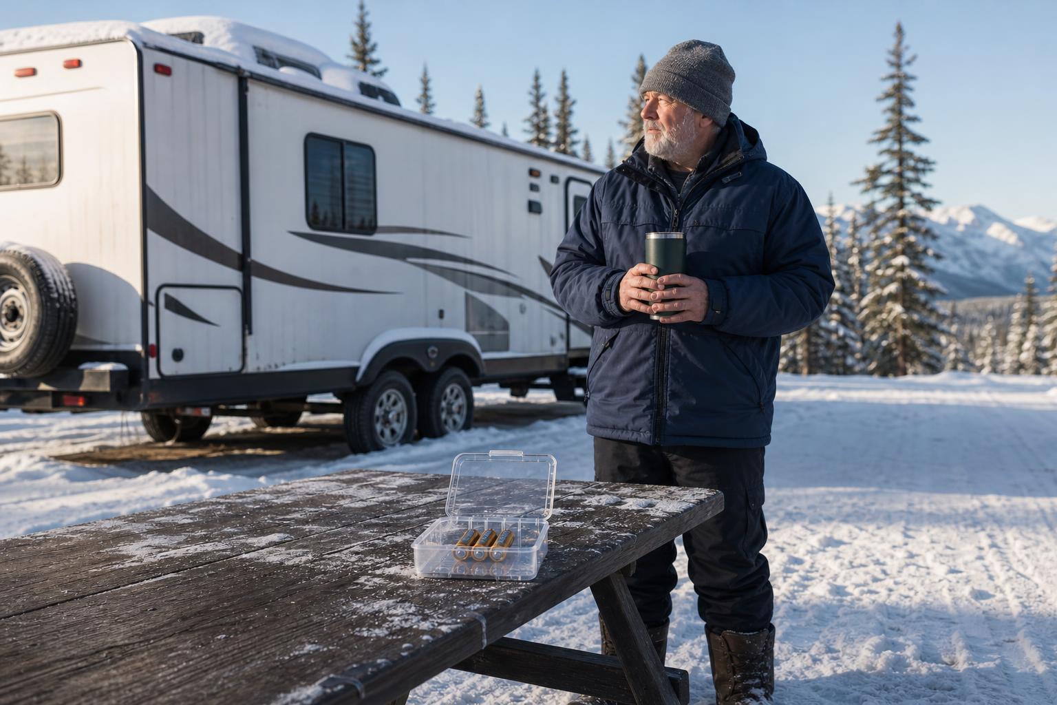 Cold-weather RV campsite with four AA batteries, illustrating how extreme temperatures can affect SAWHERO R8 battery life.