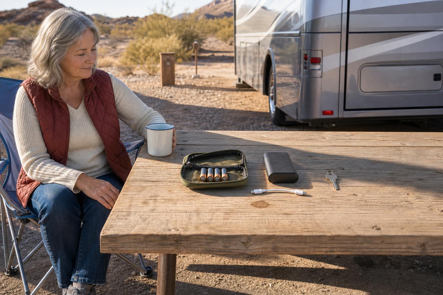 RV owner preparing four AA batteries, a power bank, Type-C cable, and backup key for SAWHERO R8 emergency access.