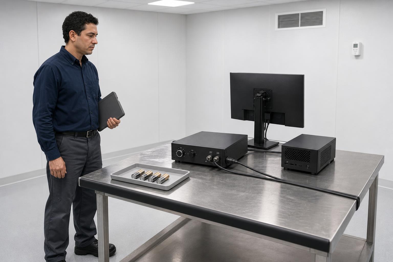 Controlled SAWHERO R8 battery life test bench with four new AA batteries and automated cycle-testing equipment.