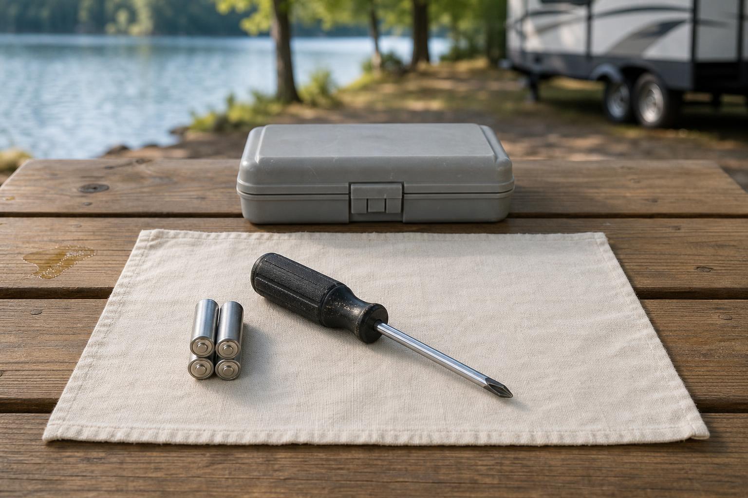 Phillips screwdriver and four AA batteries prepared on a campsite table for a compatible fifth wheel door lock DIY installation.